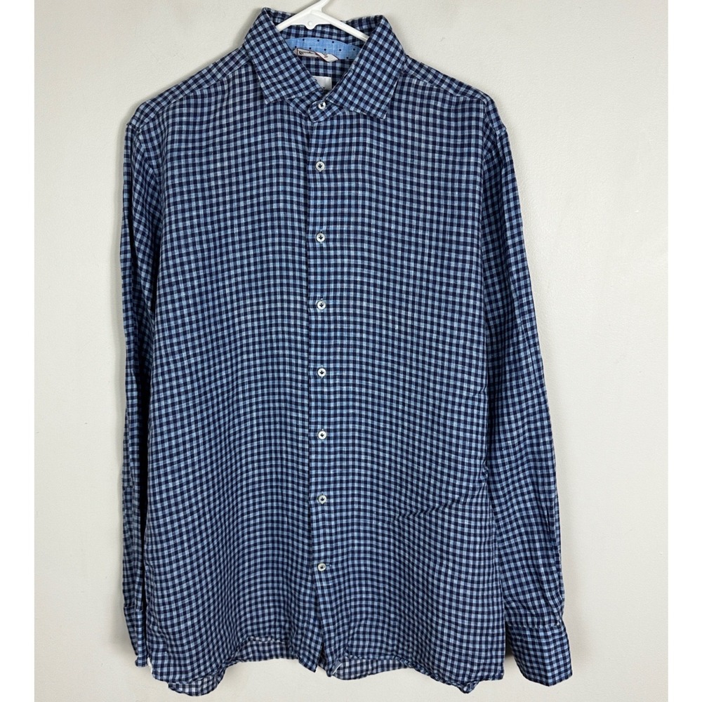 Emanuel Berg Superfine 100% Linen Long Sleeve Shirt Mens Size 16 / 41 Blue Plaid